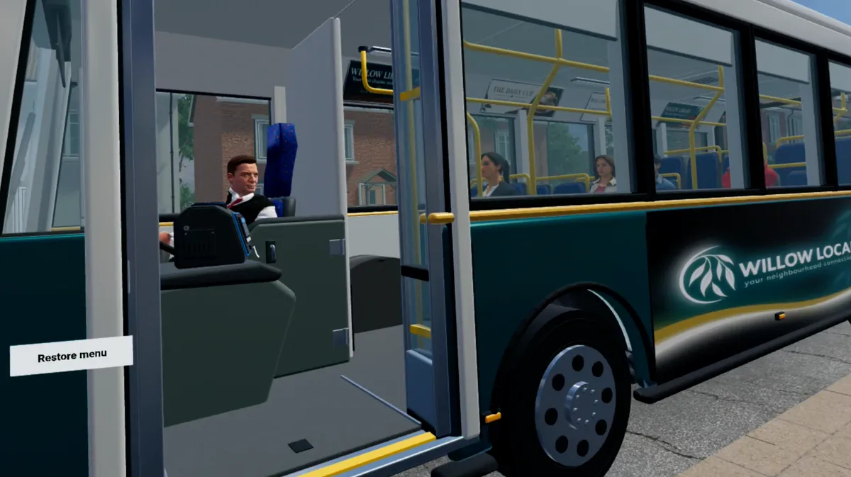 CorteXR Studio bus scene viewed from the open doors, with the driver and passengers visible