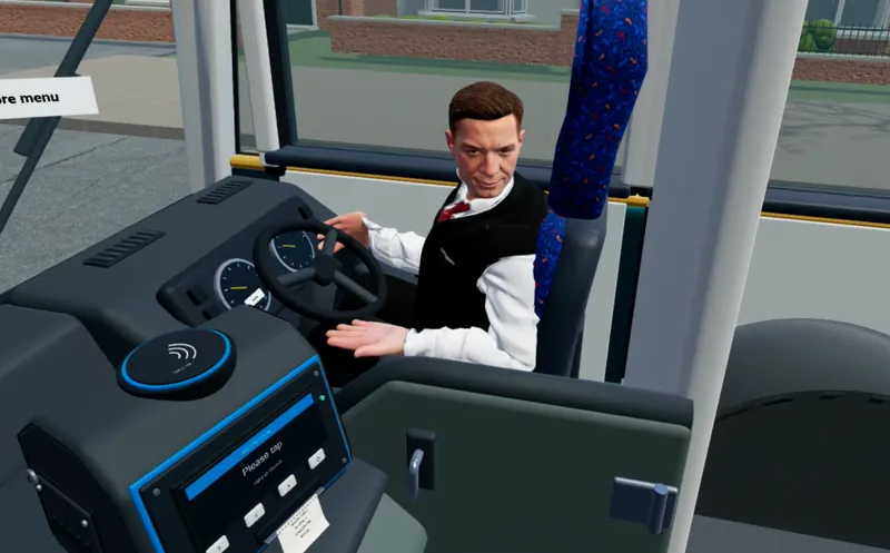 Bus driver and fare reader inside a CorteXR Studio bus scene