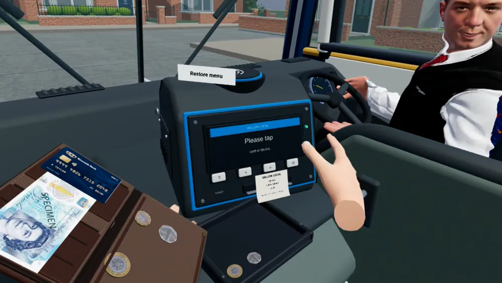 Bus driver, fare reader and wallet with cash, coins and a payment card in CorteXR Studio