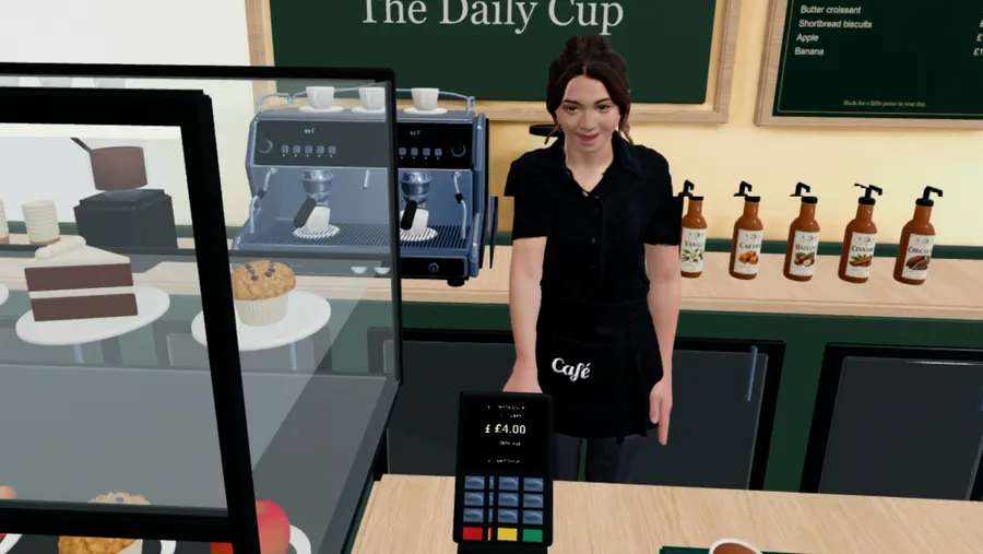 CorteXR Studio café counter with a staff member, food display and card reader