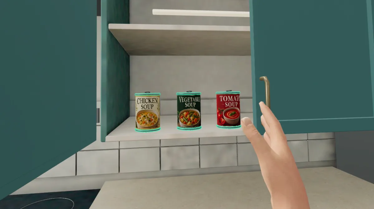 Looking inside a kitchen cupboard at three different soup tins in CorteXR Studio