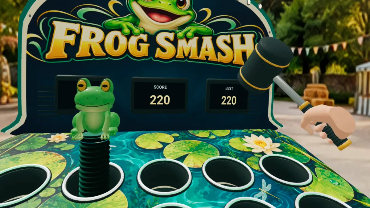 Frog Smash activity showing a raised frog target and a handheld mallet