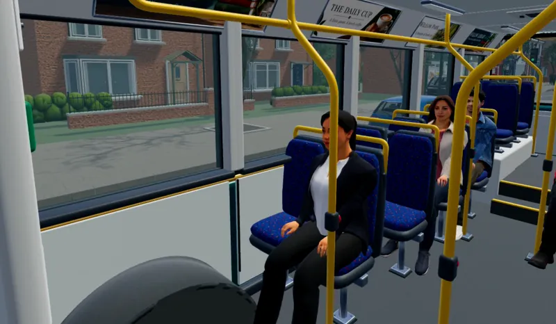 Seats and passengers inside the CorteXR Studio bus scene