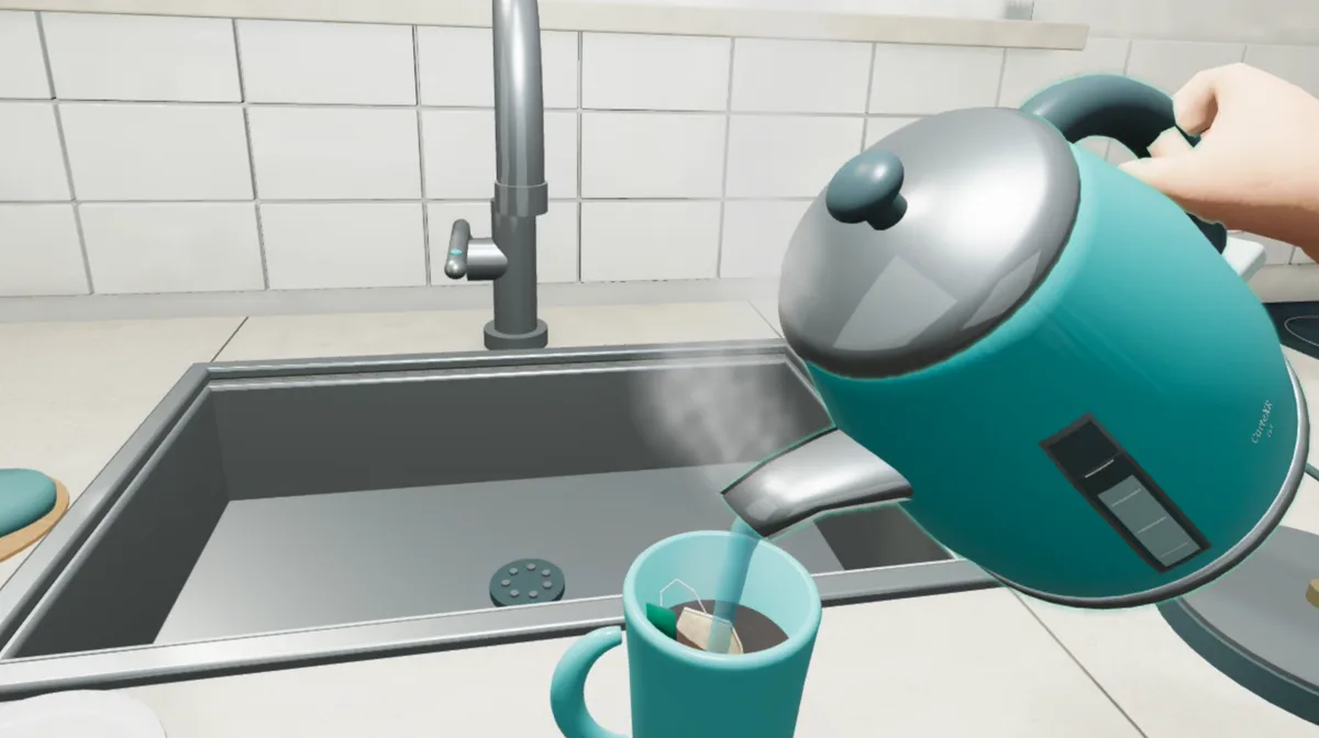 Pouring water from a kettle into a mug in the CorteXR Studio tea-making activity