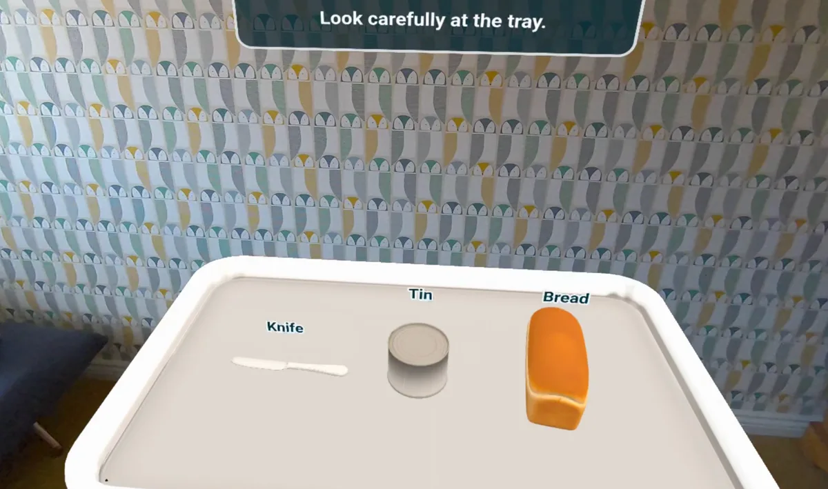 Memory Tray activity showing a knife, a tin and bread with a prompt to look carefully