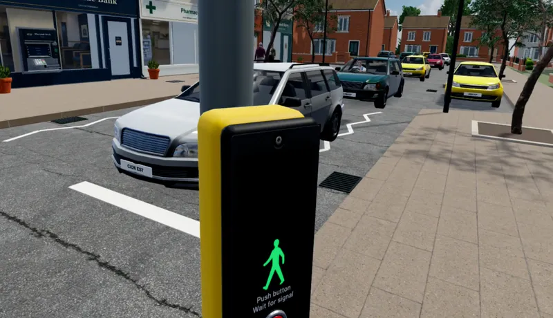 Green pedestrian signal with traffic on a CorteXR Studio high street