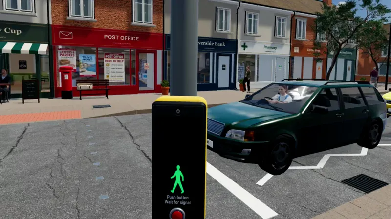 Pedestrian crossing signal and car in a CorteXR Studio high-street scene