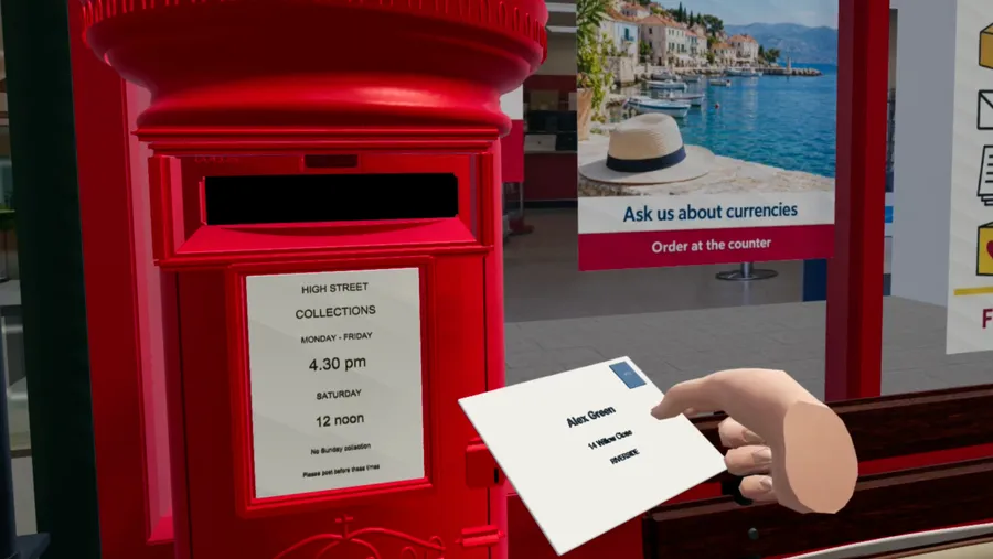 Hand holding a letter beside a red postbox in a CorteXR Studio high-street scene