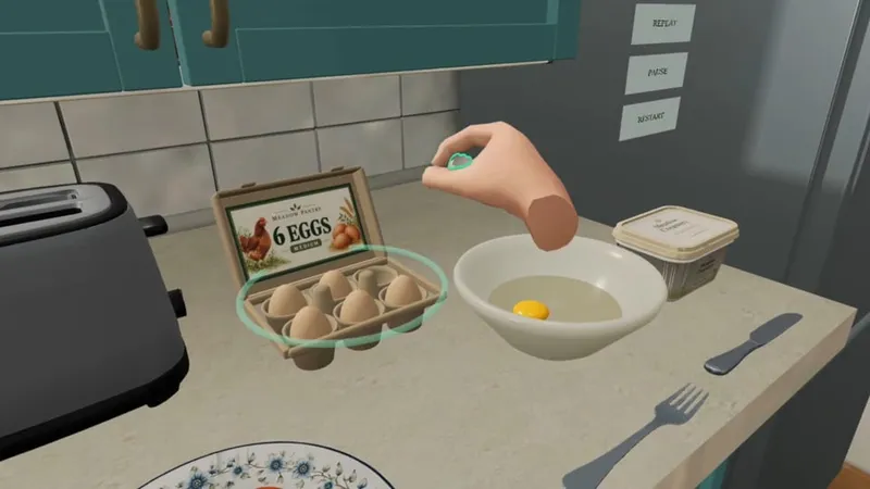 Cracking an egg into a bowl in CorteXR Studio Scrambled Eggs