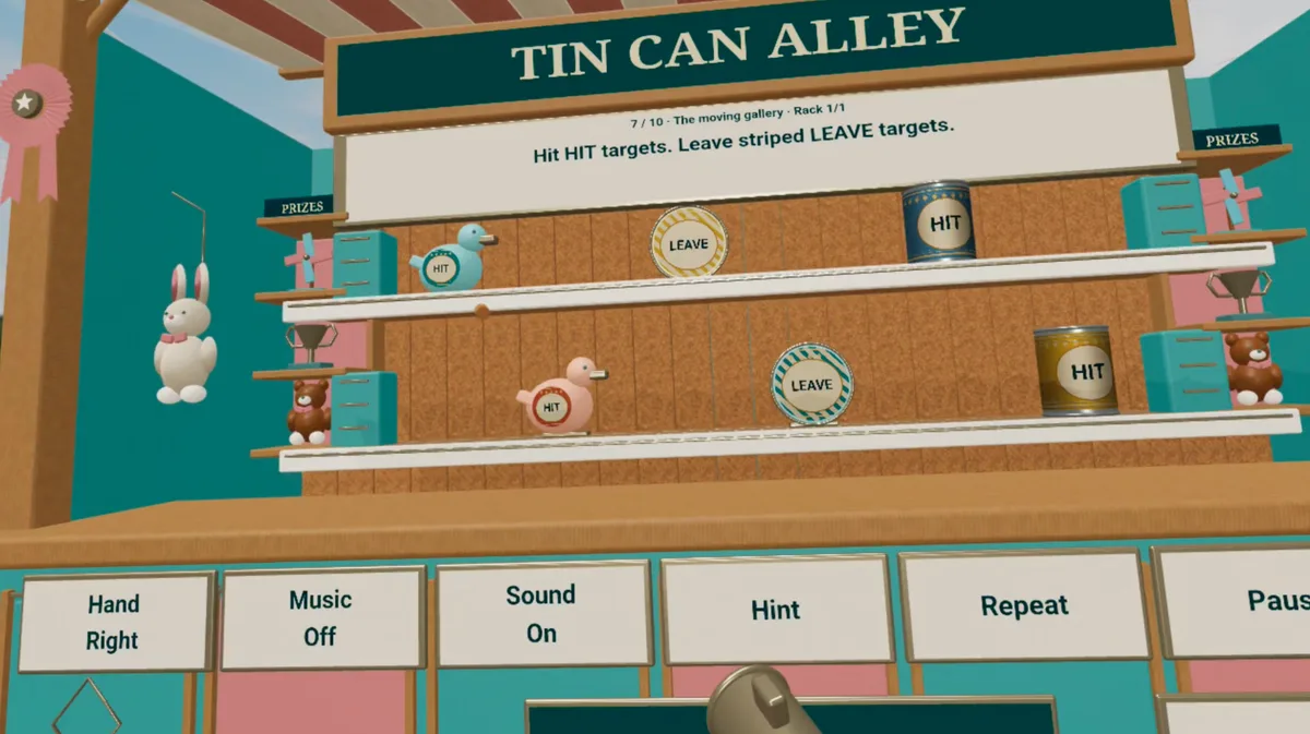 Tin Can Alley activity with objects labelled HIT and LEAVE for rule-based target selection