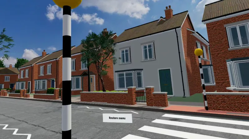 Zebra crossing with black and white poles in a CorteXR Studio street scene