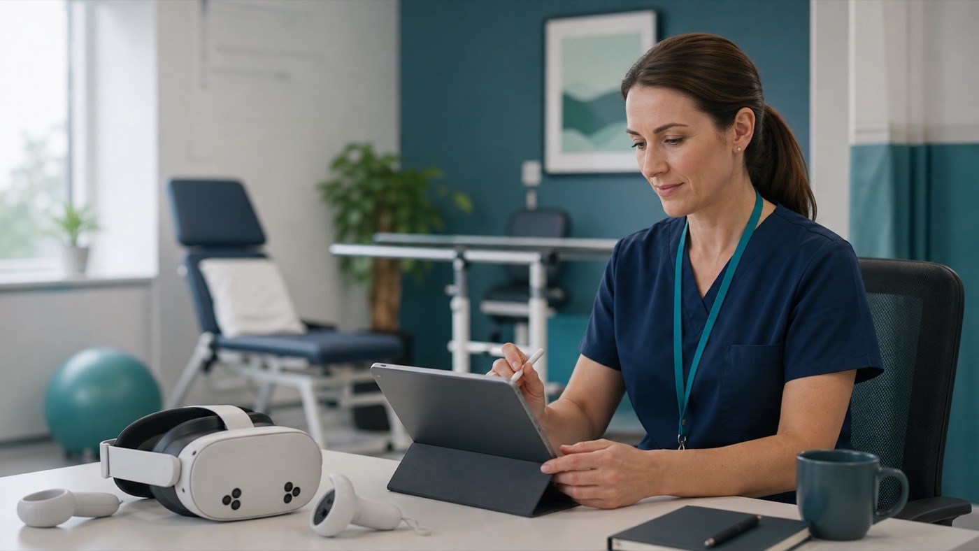 Clinician reviewing rehabilitation progress with a VR headset nearby