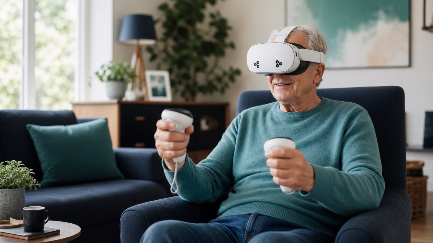 Older stroke survivor practising with a VR headset at home
