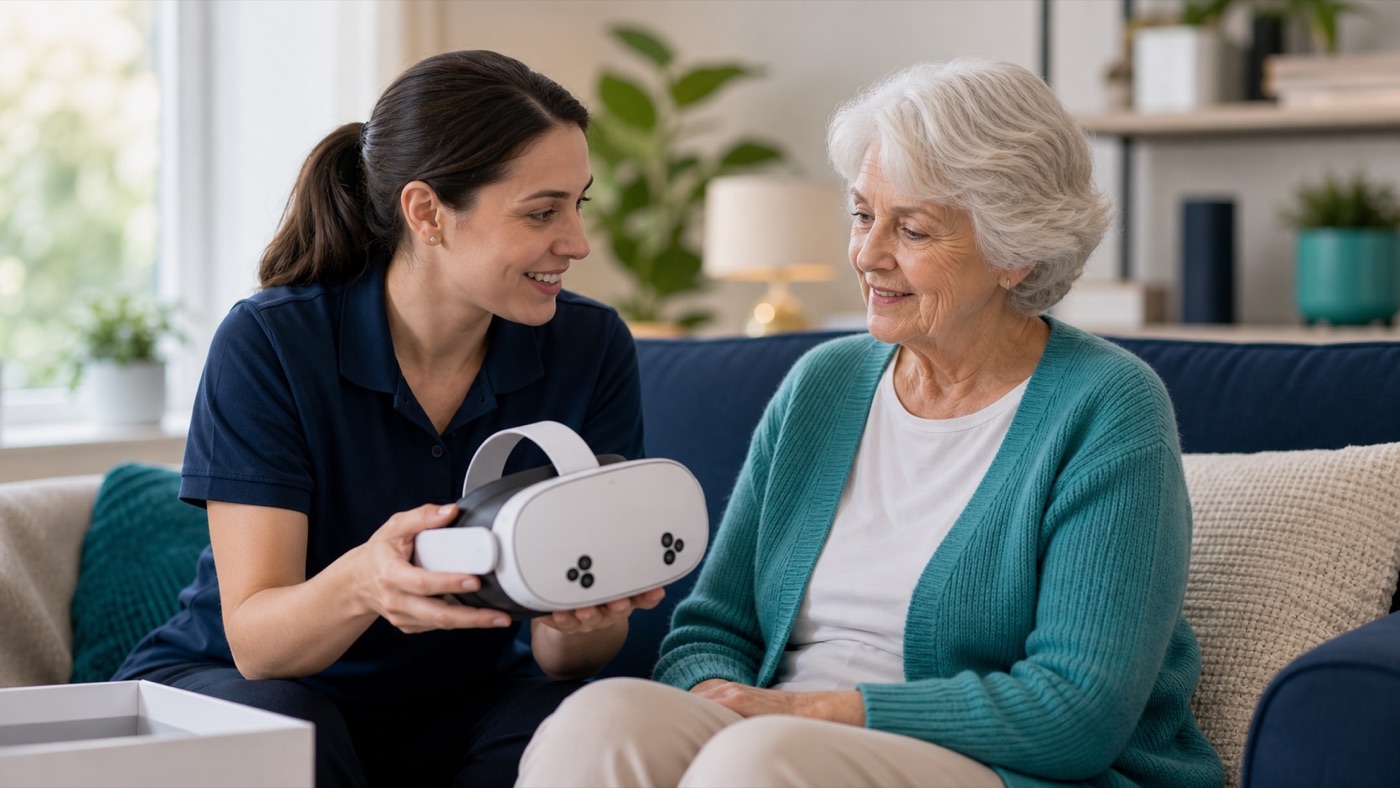 Helper introducing an older patient to a VR headset at home