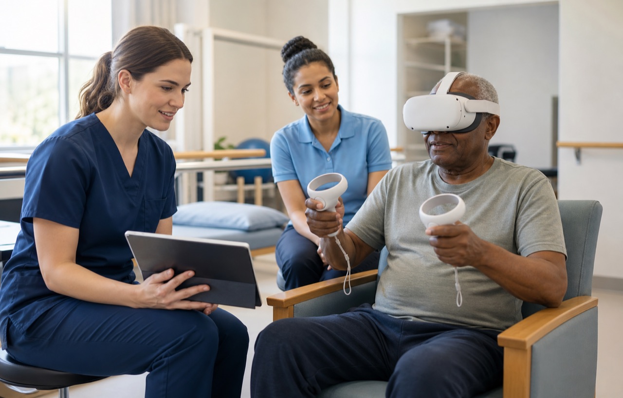 Clinicians supporting an older stroke survivor using a VR headset in a rehabilitation room