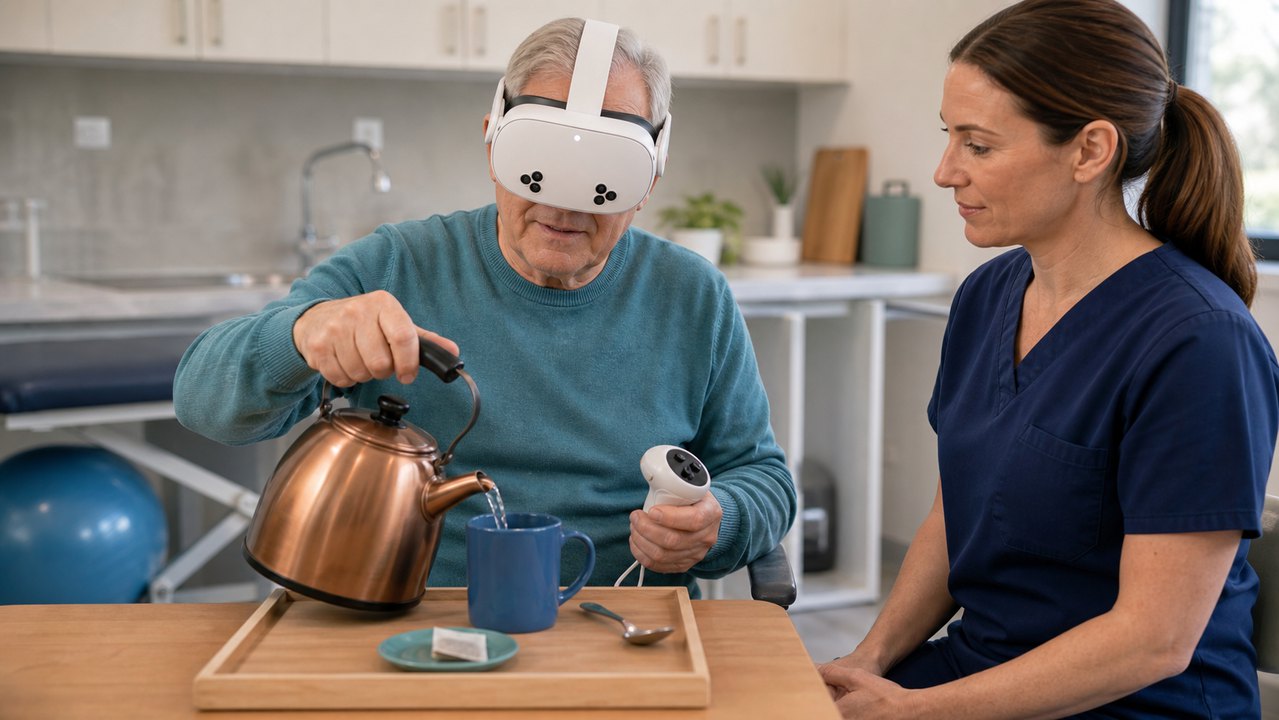 Stroke survivor practising an activity of daily living in a therapy kitchen