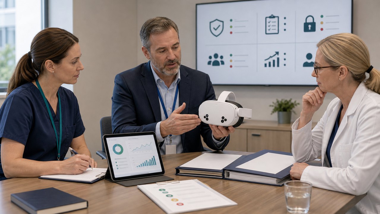 Healthcare professionals reviewing governance materials for VR rehabilitation technology