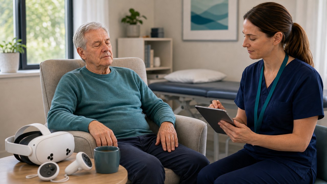 Calm therapy-room pause after a headset-based cognitive rehabilitation activity