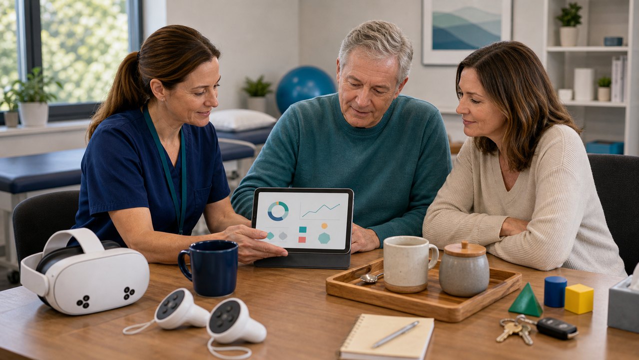 Therapist, stroke survivor, and family member reviewing rehabilitation activity together