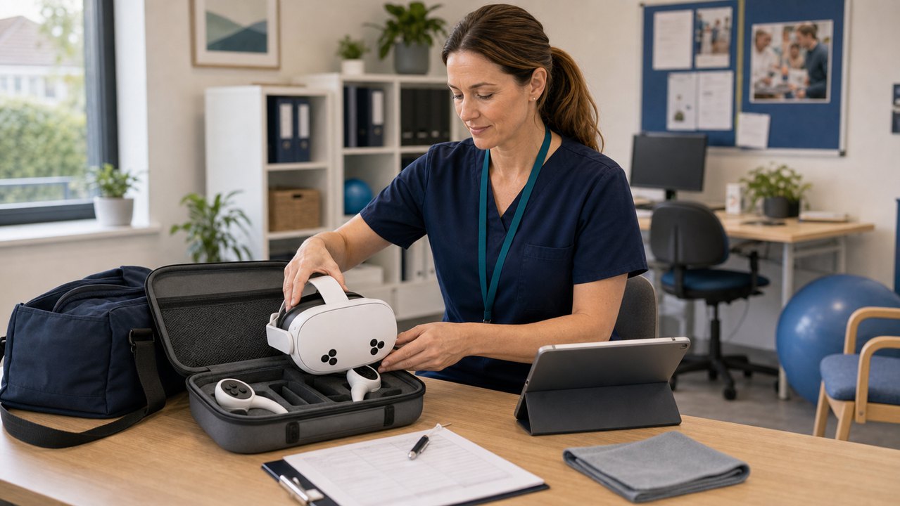 Therapist preparing digital rehabilitation equipment for community stroke support