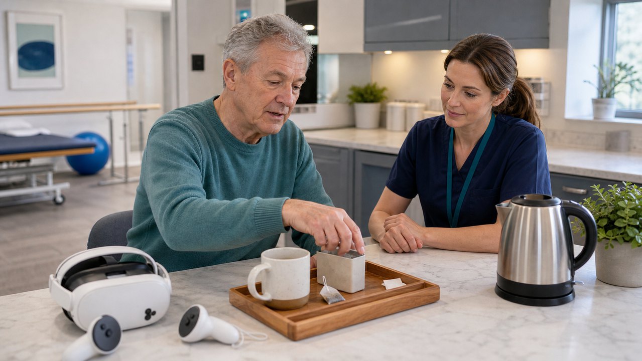 Therapist observing an everyday functional cognition activity in a rehabilitation kitchen