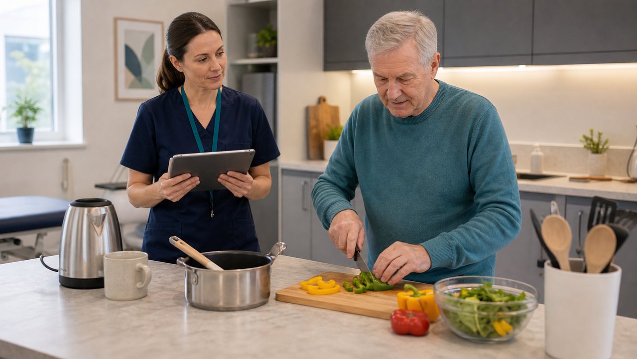 Kitchen-based rehabilitation activity with therapist observing everyday task performance