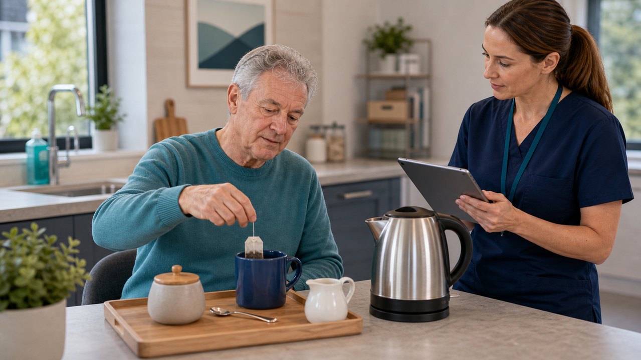 Stroke survivor preparing a cup of tea while a therapist observes the task