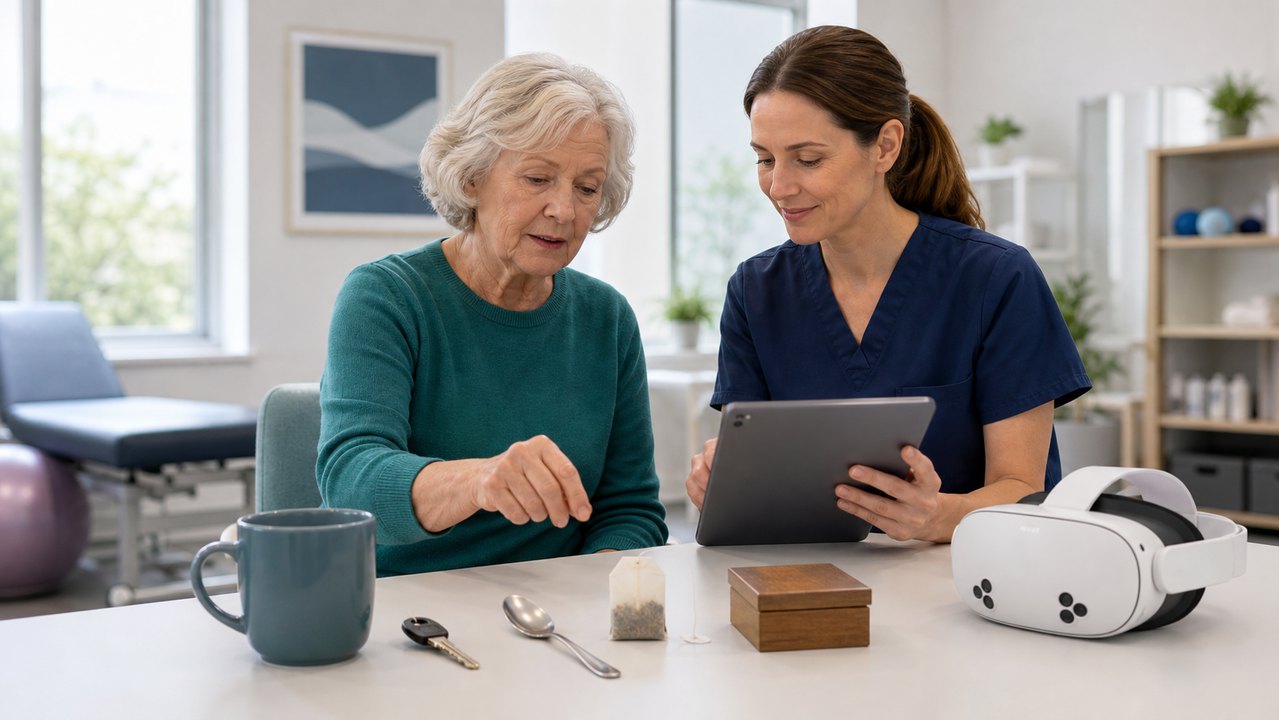 Therapist using everyday objects to review memory and recall after stroke