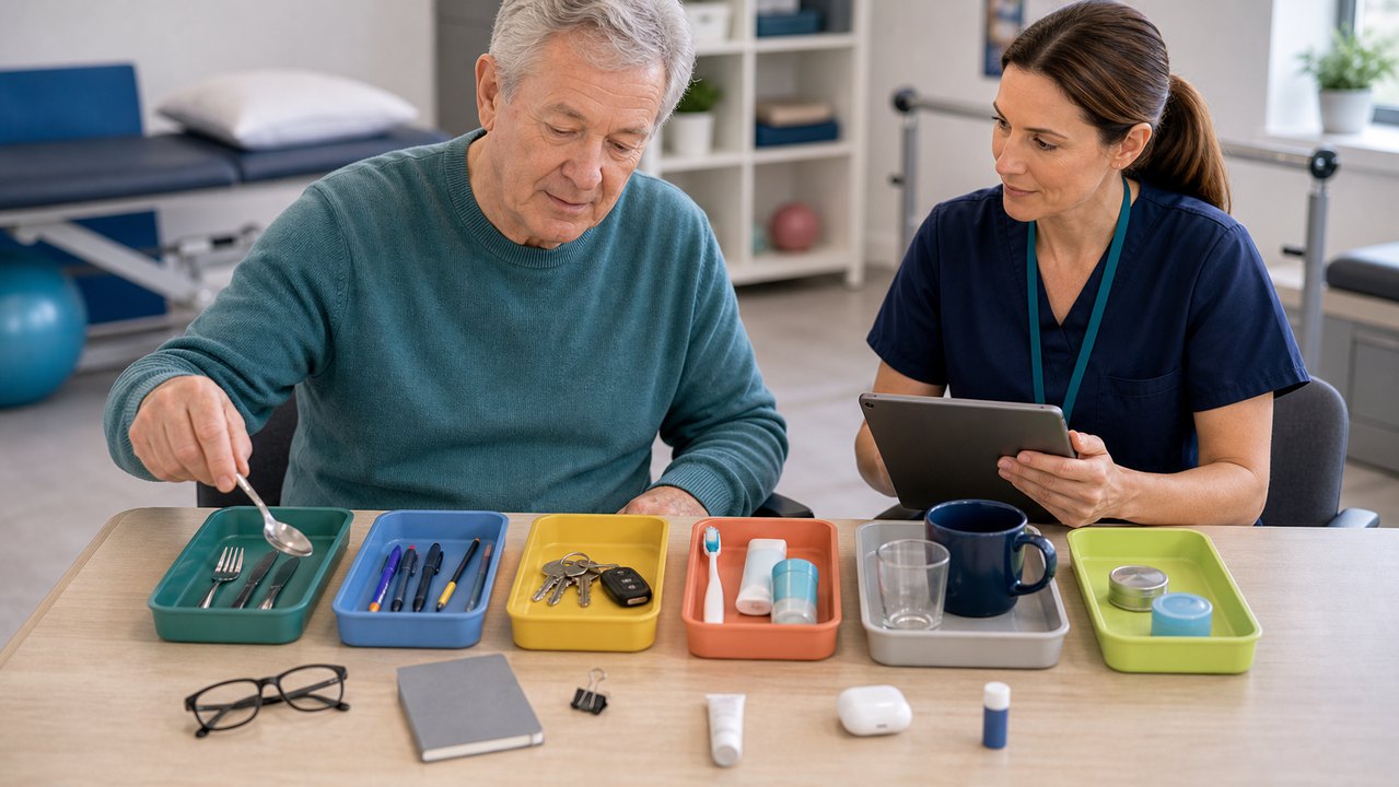 Everyday objects sorted on a therapy table during cognitive rehabilitation