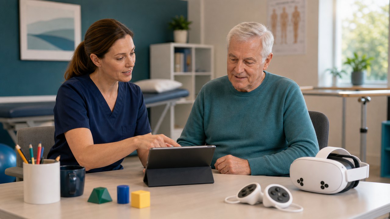 Therapist and stroke survivor reviewing cognitive rehabilitation activity material together