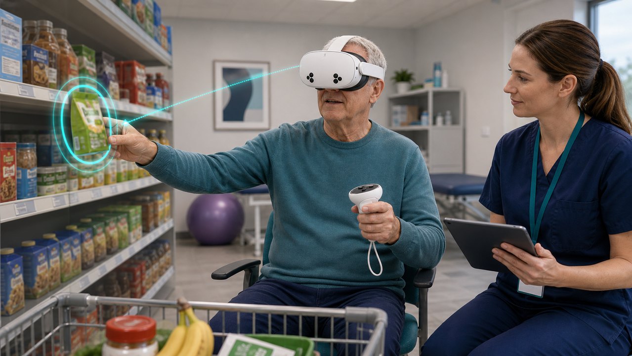 Therapist supervising a grocery selection activity in an immersive rehabilitation scene