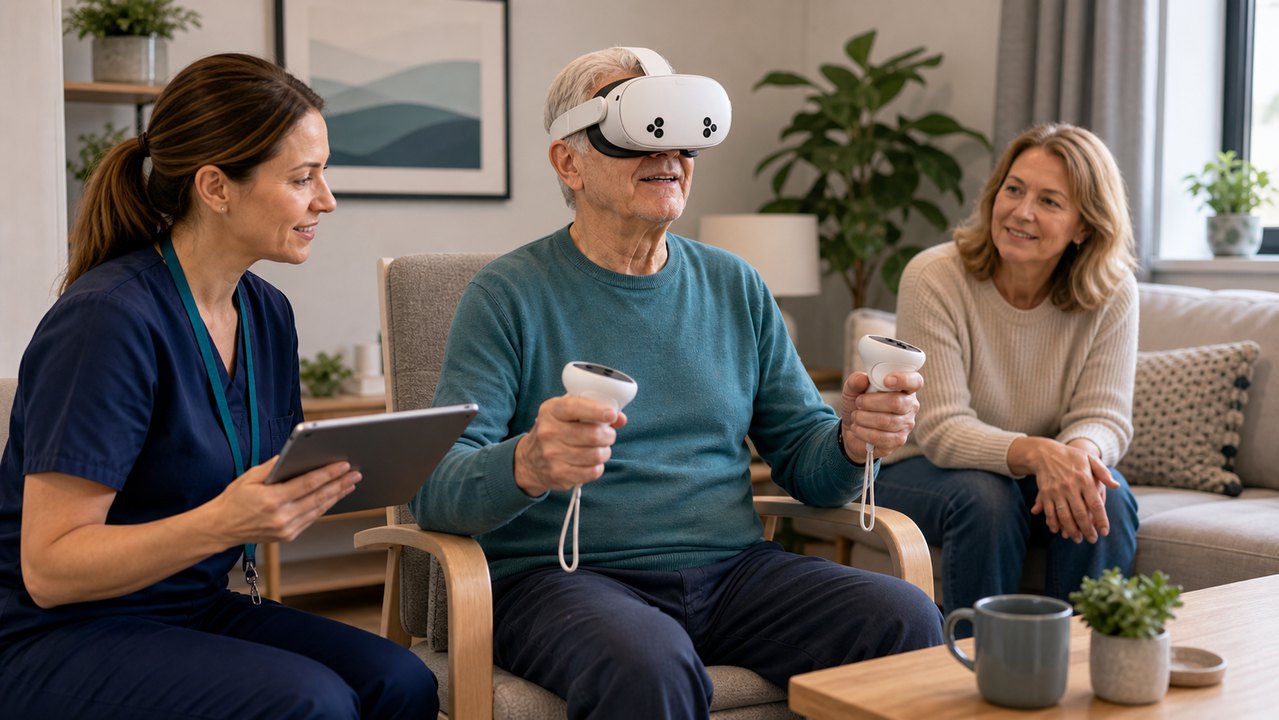 Home rehabilitation visit with therapist supervising headset-based stroke rehabilitation