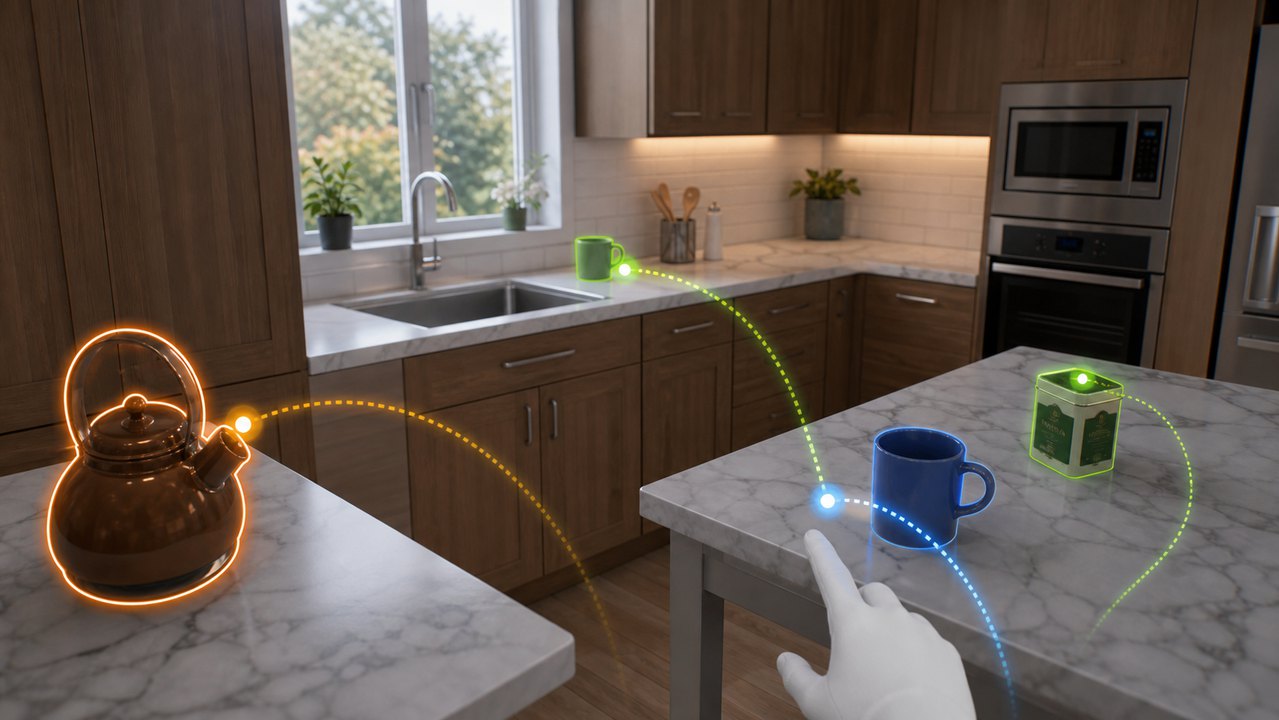 Immersive kitchen scene showing visual scanning across everyday objects