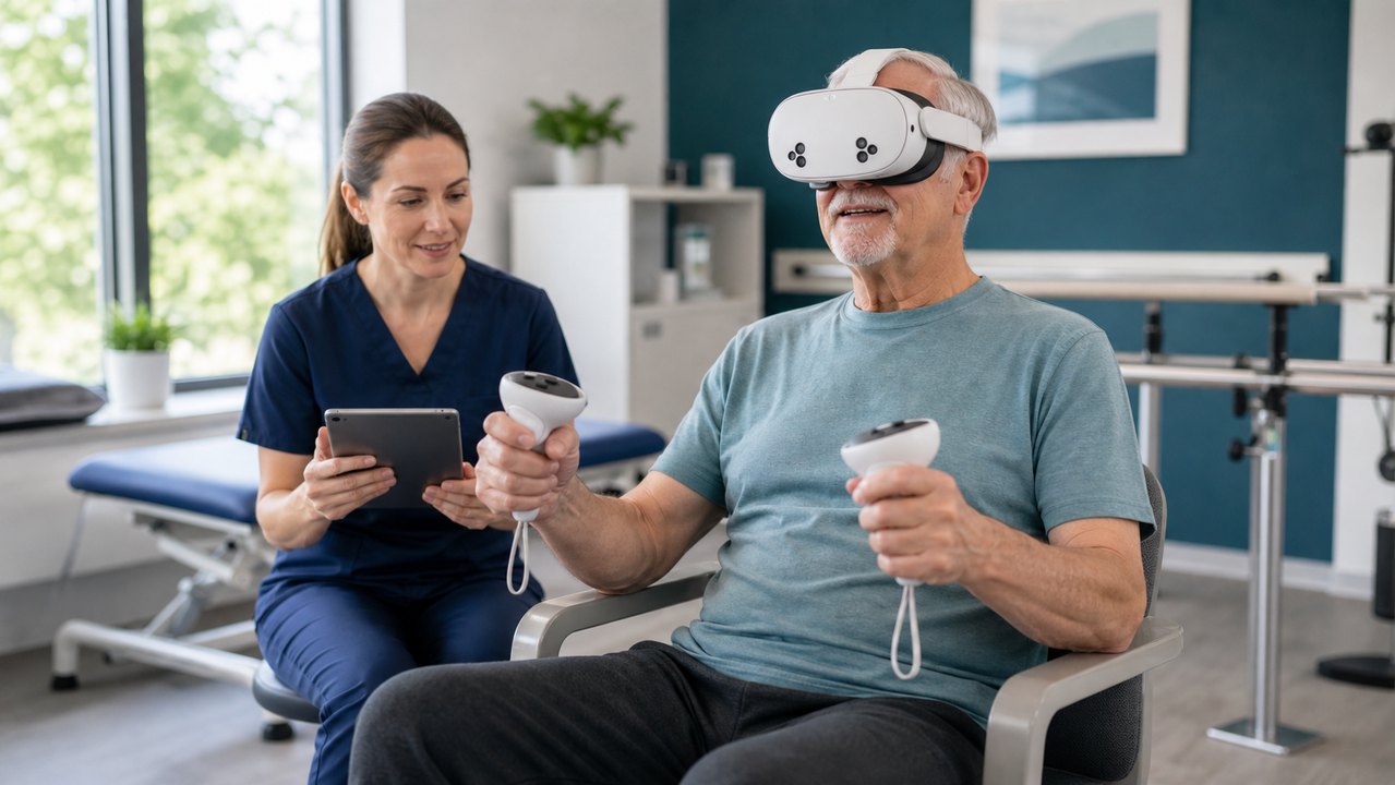 Clinician supervising an older adult using a headset for cognitive rehabilitation