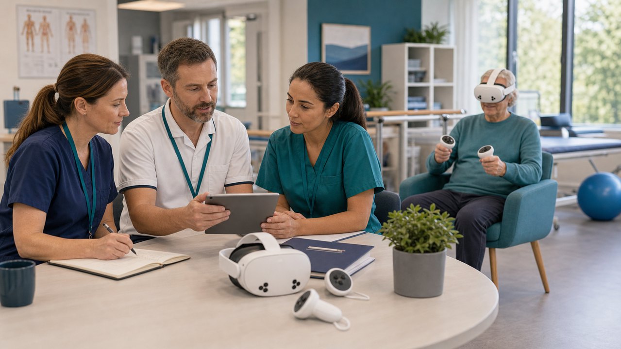 Stroke rehabilitation team preparing a headset-based therapy session