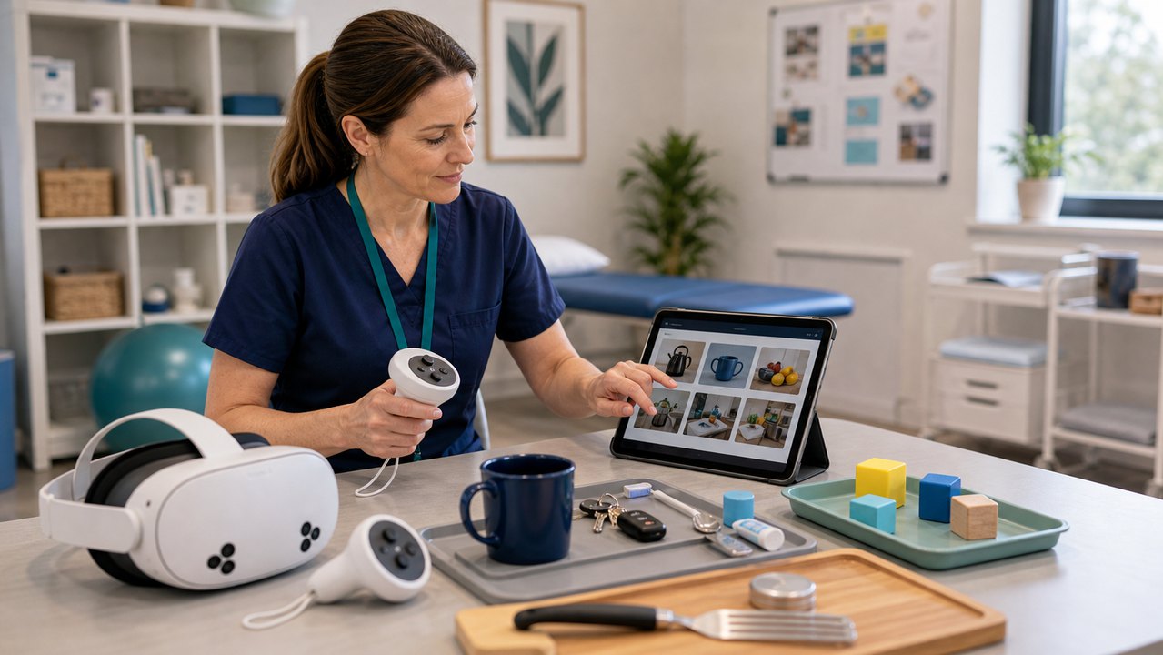 Occupational therapist preparing immersive activity ideas with headset and everyday objects