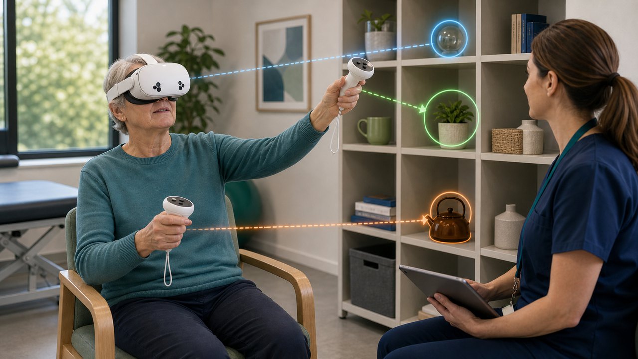 Therapist supervising an adult attention activity using a mixed-reality headset