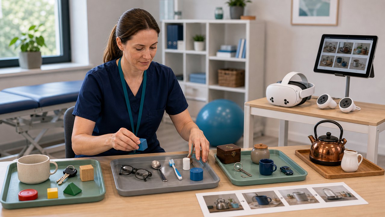 Therapy table with cognitive activity props, headset, and tablet for session planning