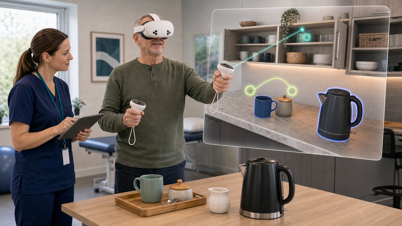 Adult client using an immersive everyday kitchen simulation while a therapist supervises