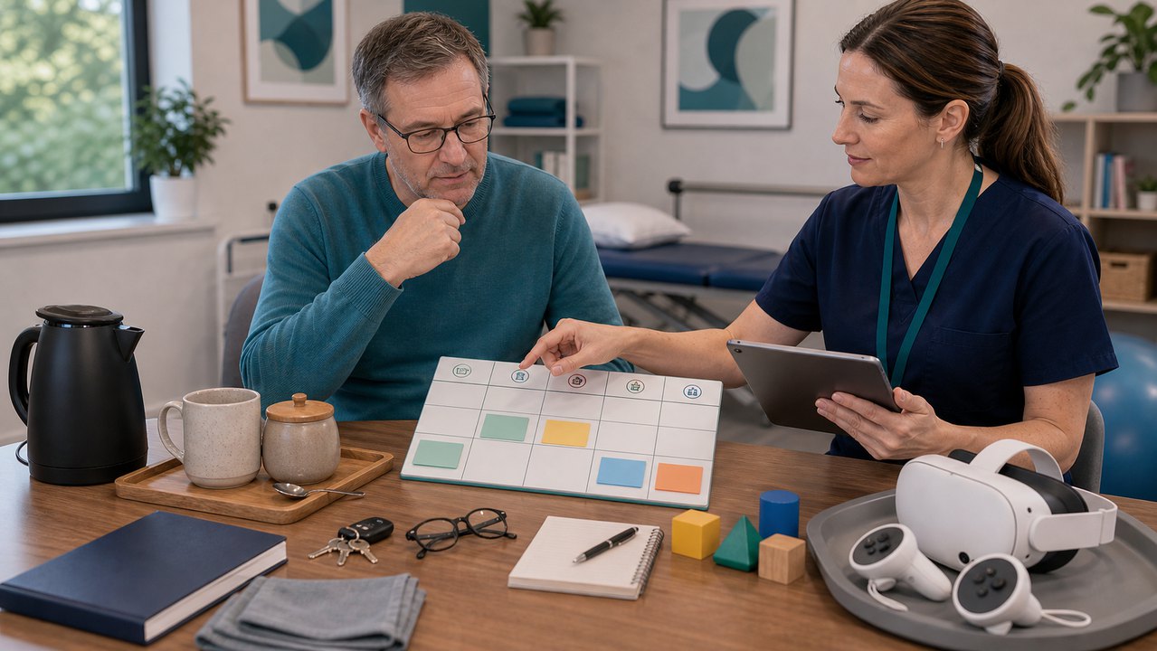 Occupational therapy planning activity using everyday objects and a headset station