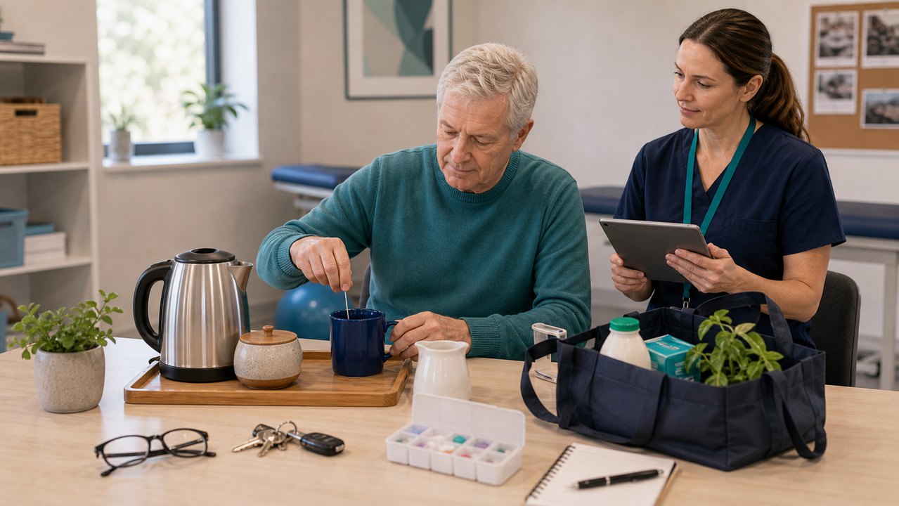 Adult client completing functional cognition activities with therapist observation
