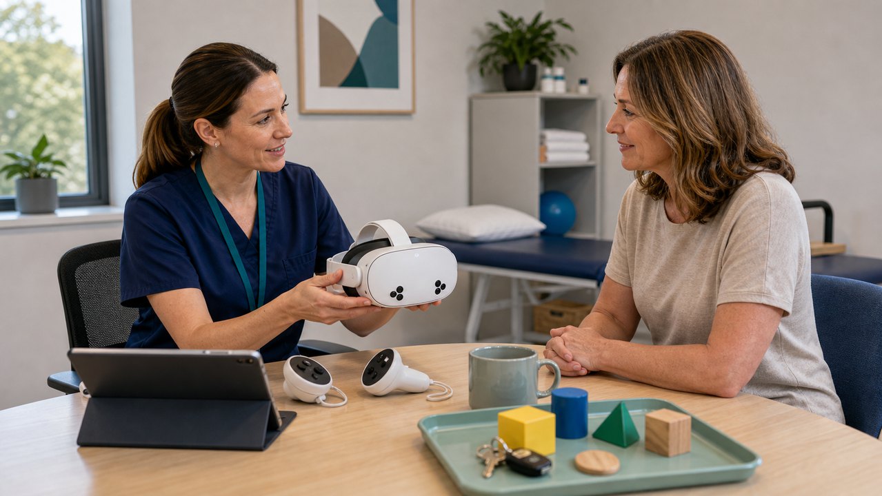 Therapist introducing a mixed-reality headset to an adult client in private practice