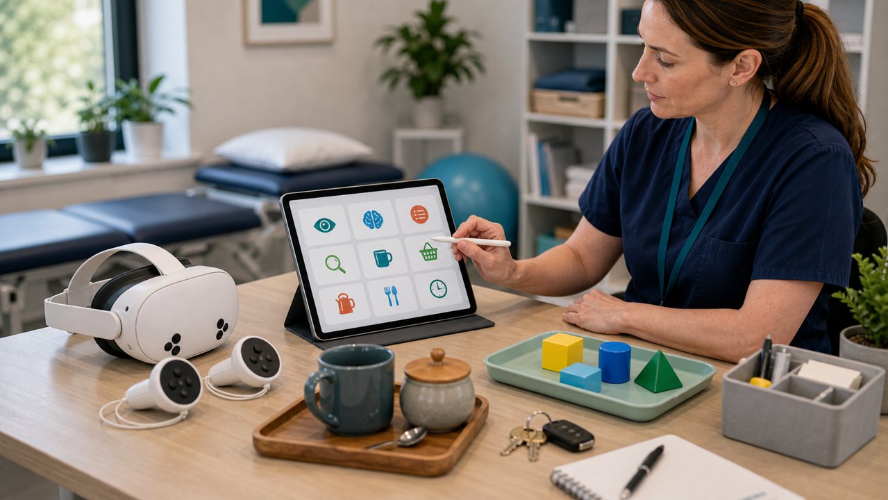 Tablet, headset, and therapy objects arranged for adult occupational therapy apps