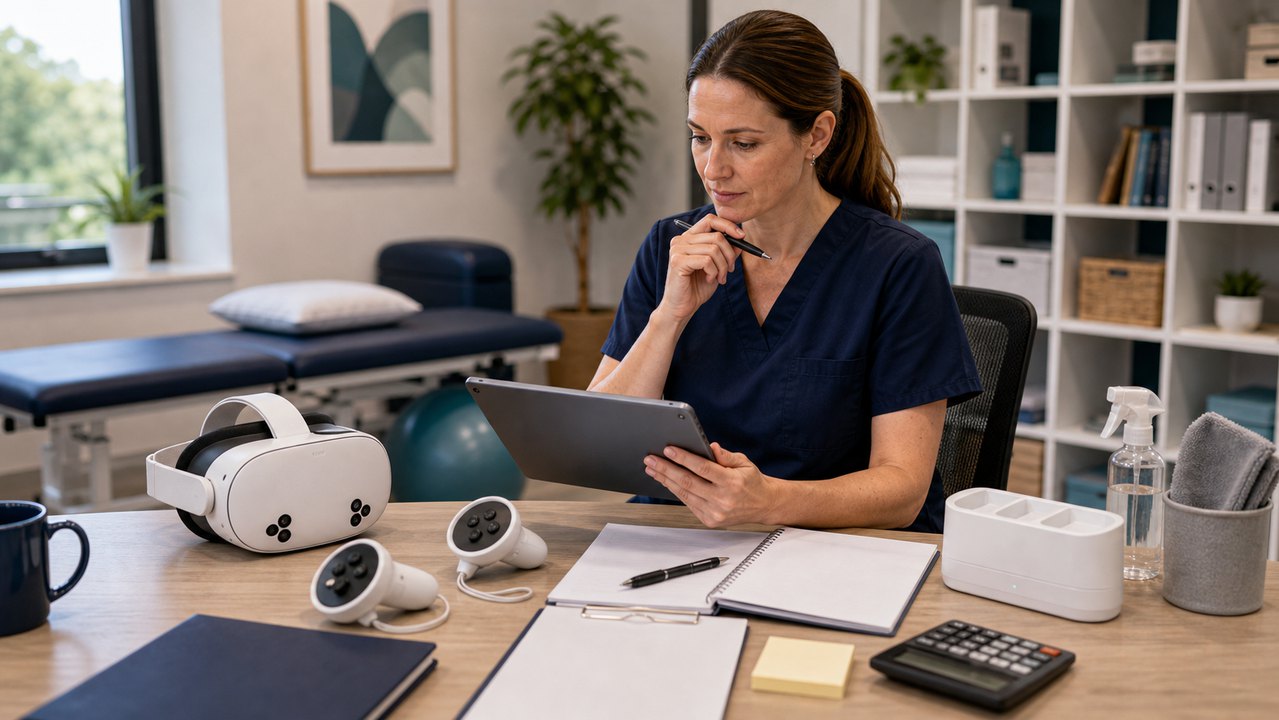 Private practice lead reviewing headset, support materials, and setup equipment