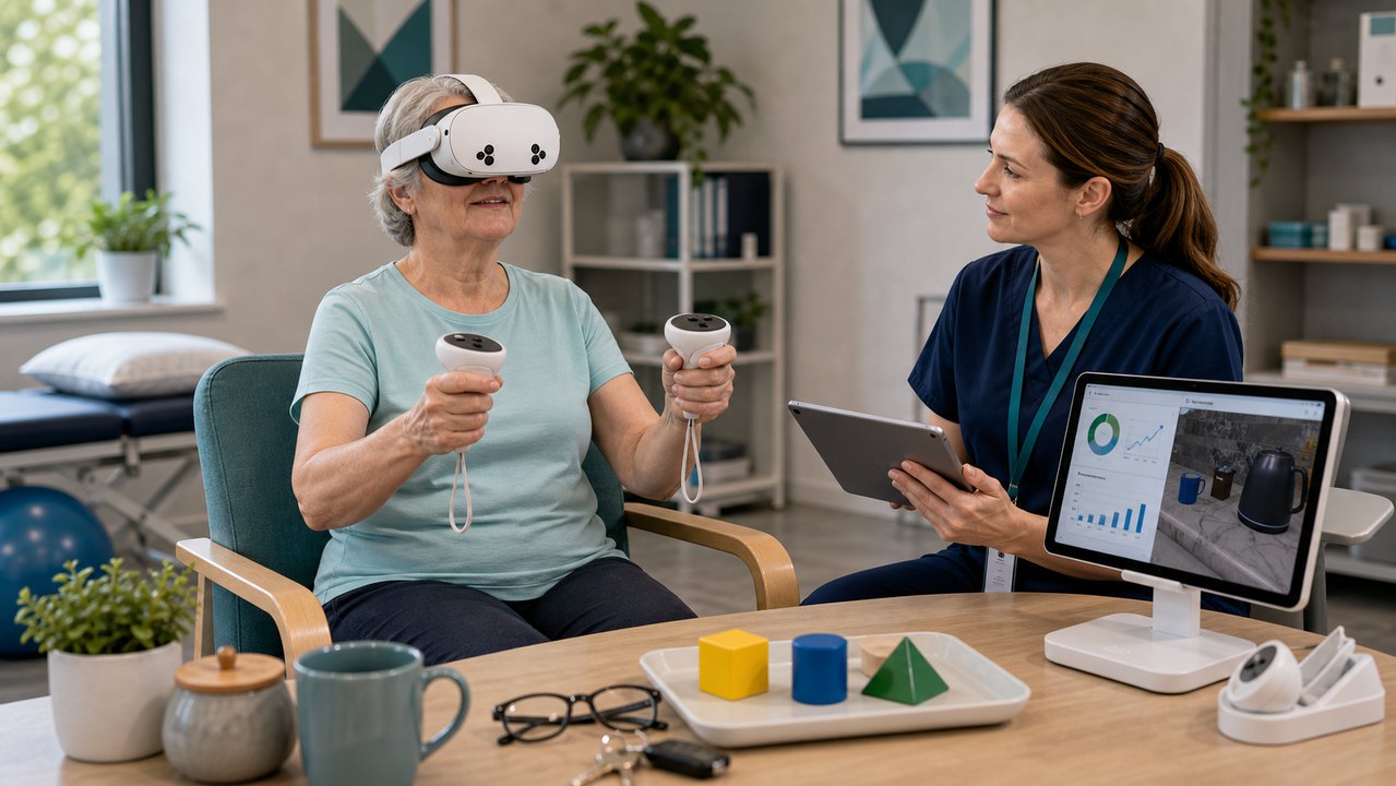 Occupational therapist supervising a headset-based activity in private practice