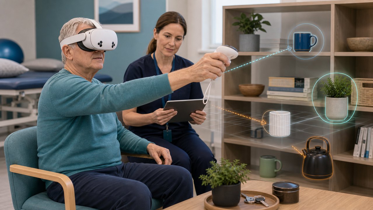 Adult client completing a visual perceptual activity with spatial objects