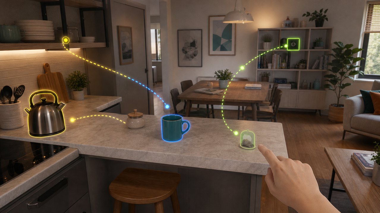 Immersive kitchen scene showing visual search across everyday objects