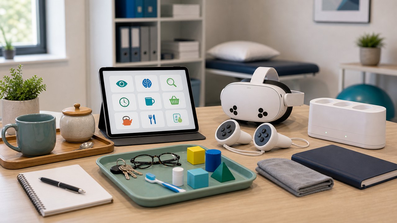 Mixed-reality headset, controllers, tablet, and OT activity props arranged as a toolkit