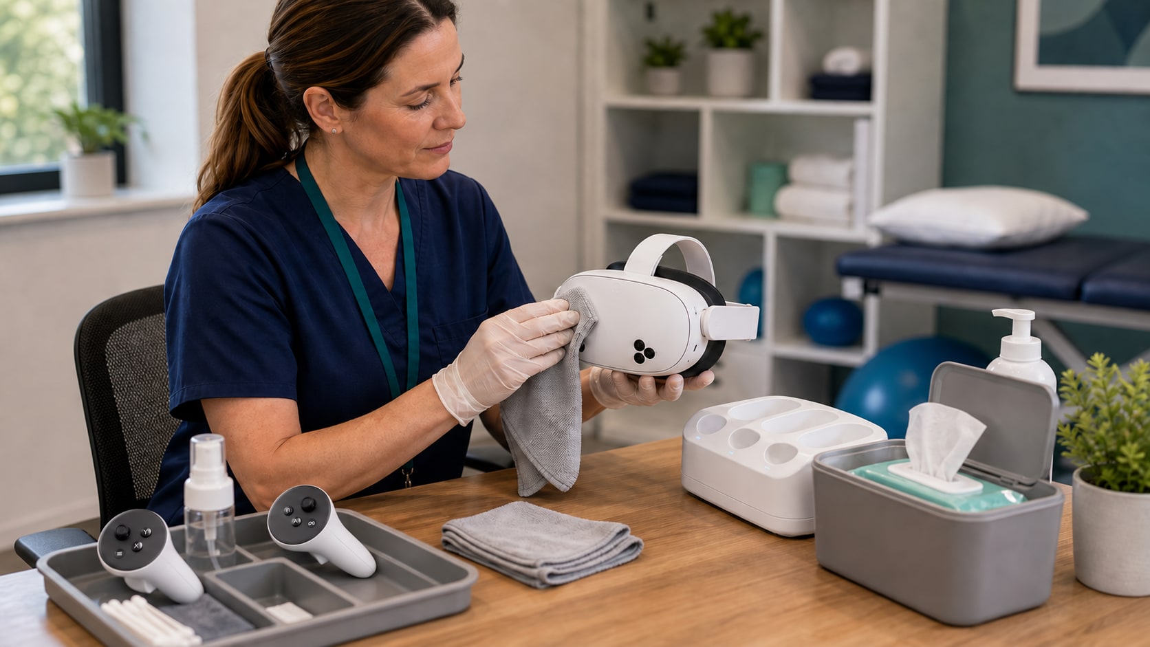 Therapist cleaning a mixed-reality headset and controllers in a clinic equipment area