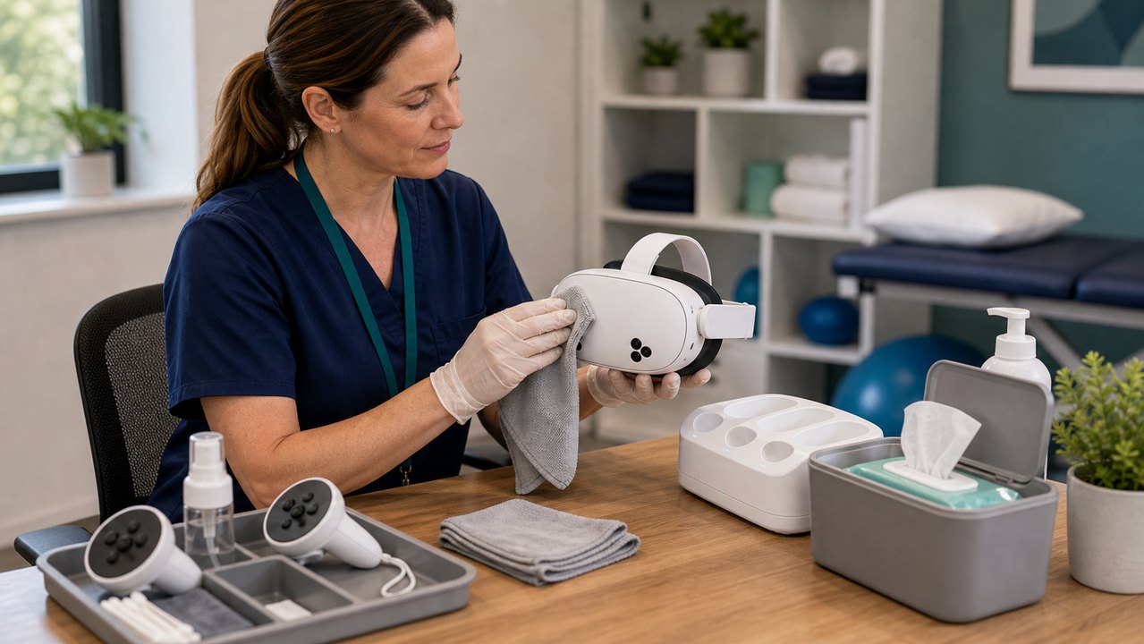 Therapist cleaning a mixed-reality headset and controllers in a clinic equipment area